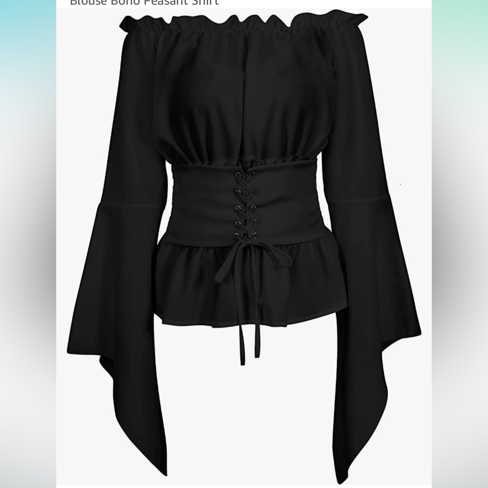 NWT Werforu Black Long Sleeve Off the Shoulder, Belted Peasant Blouse, Size S